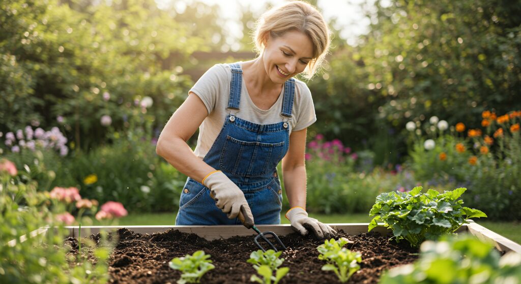Woman Gardening in Raised Bed with Flowers
